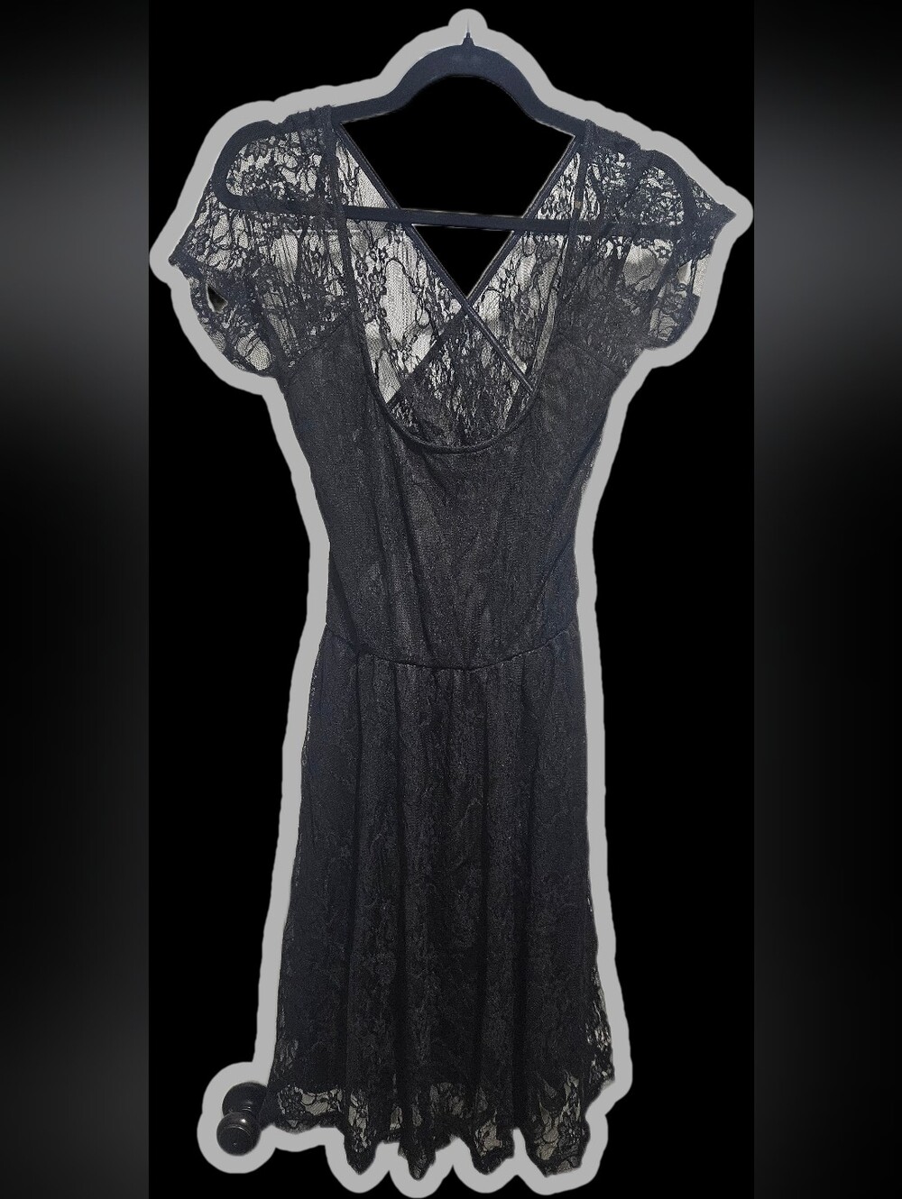 Vintage Havana Black Lace Short Sleeve Coverup with Crisscross Back